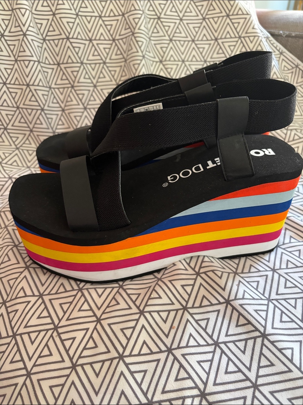 Rocket Dog Black Platform Sandals with Multicolor Rainbow Stripes - Picture 5 of 9